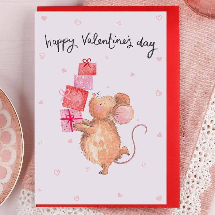 Karte Happy Valentinstag | Maus mit Geschenken